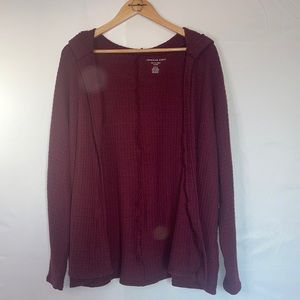 American Eagle burgundy soft plush open front cardigan (with hood)